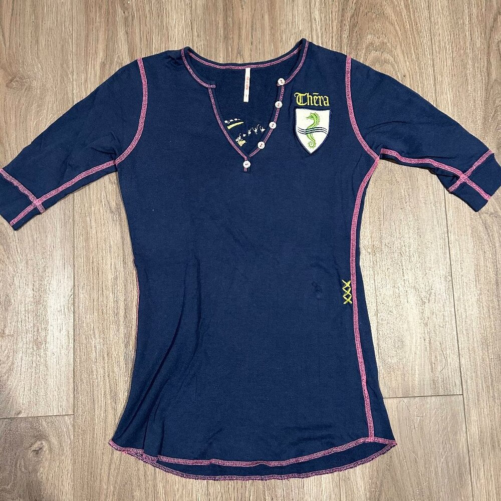 3/4 Length Fitted Navy Blue Shirt with Pink Stitching